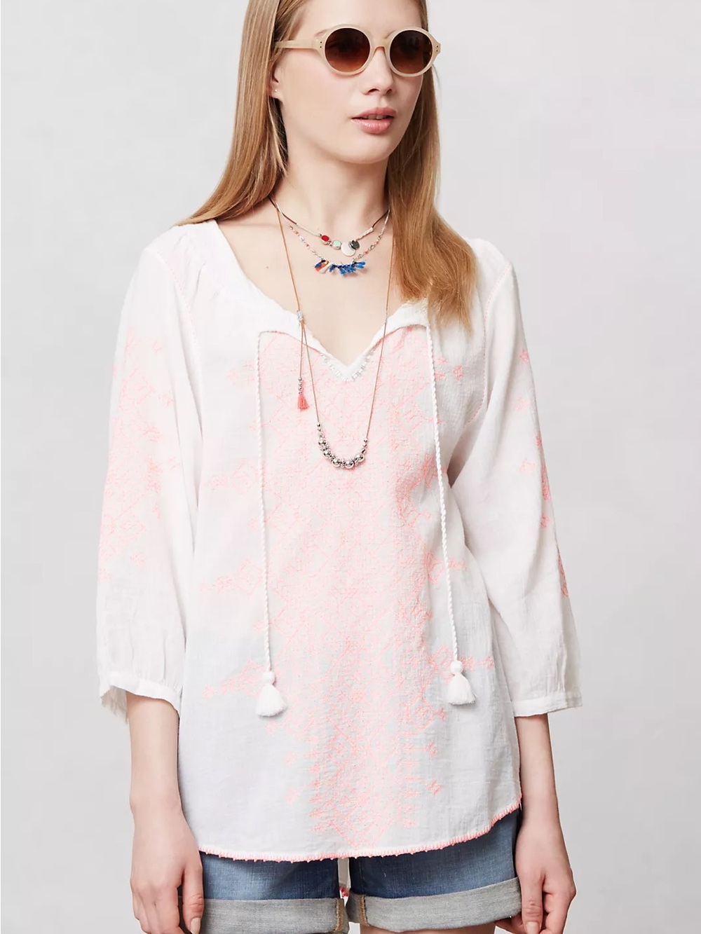 Anthropologie Maeve pink and white peasant top 12